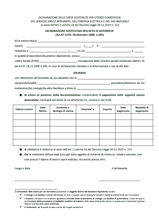 Autodichiarazione per rimborso utenze dometische